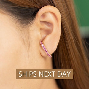 Ear Lobe Ruby Cuff Earrings, Suspender Earrings, Dainty stud lobe cuff, July Birthstones