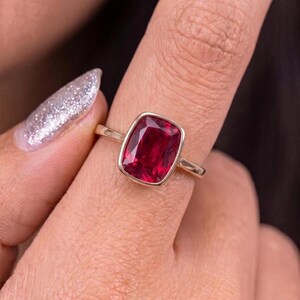 Bezel Set Ruby Ring, Cushion Cut Ruby Statement Ring, July Birthstone Ring, Birthday Gift for Her, Dainty Red Gemstone Ring image 11