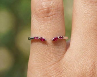 Delicate Ruby Marquise Open Ring, Sterling Silver Stacking Band, Minimalist Gemstone Jewelry, July Birthstone Gift for Her