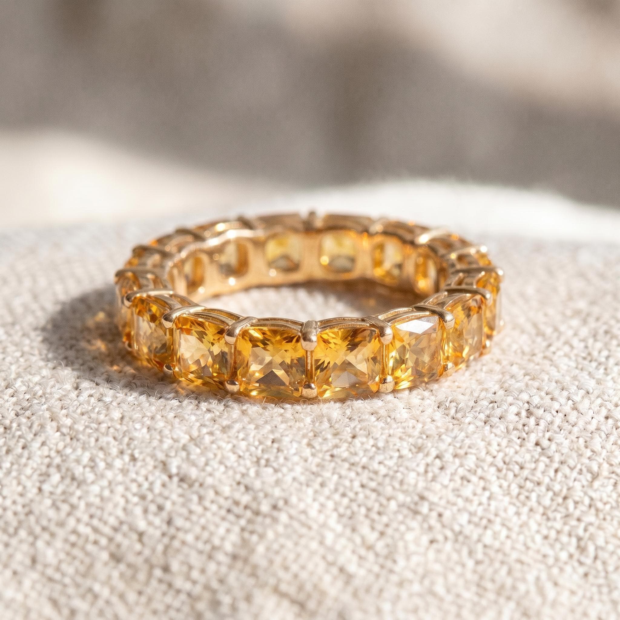 Cushion Cut Citrine Wedding Band, Full Eternity Stacking Ring for Women Cushion Cut Citrine Wedding Band, Full Eternity Stacking Ring for Women