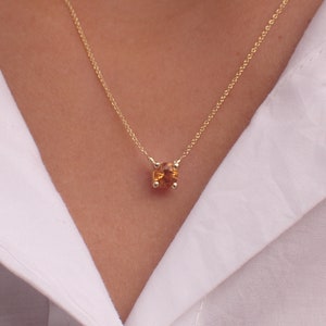 14k Citrine Necklace, Prong Set Necklace, Gold Citrine Pendant, Delicate Citrine, Orange Citrine, 4 Prong Citrine