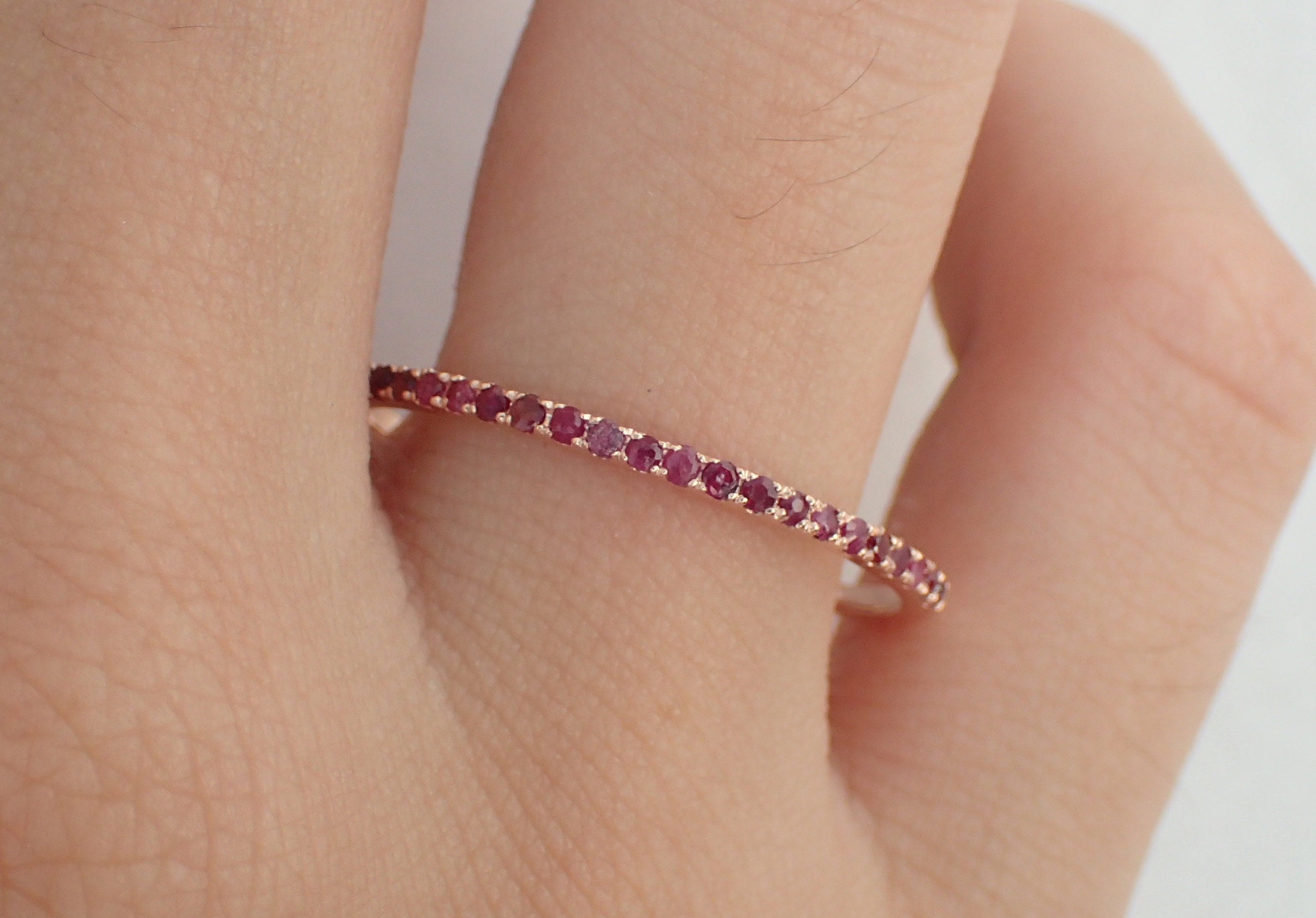 Micro Pave Ruby Half Eternity Wedding Band Thin Dainty Etsy