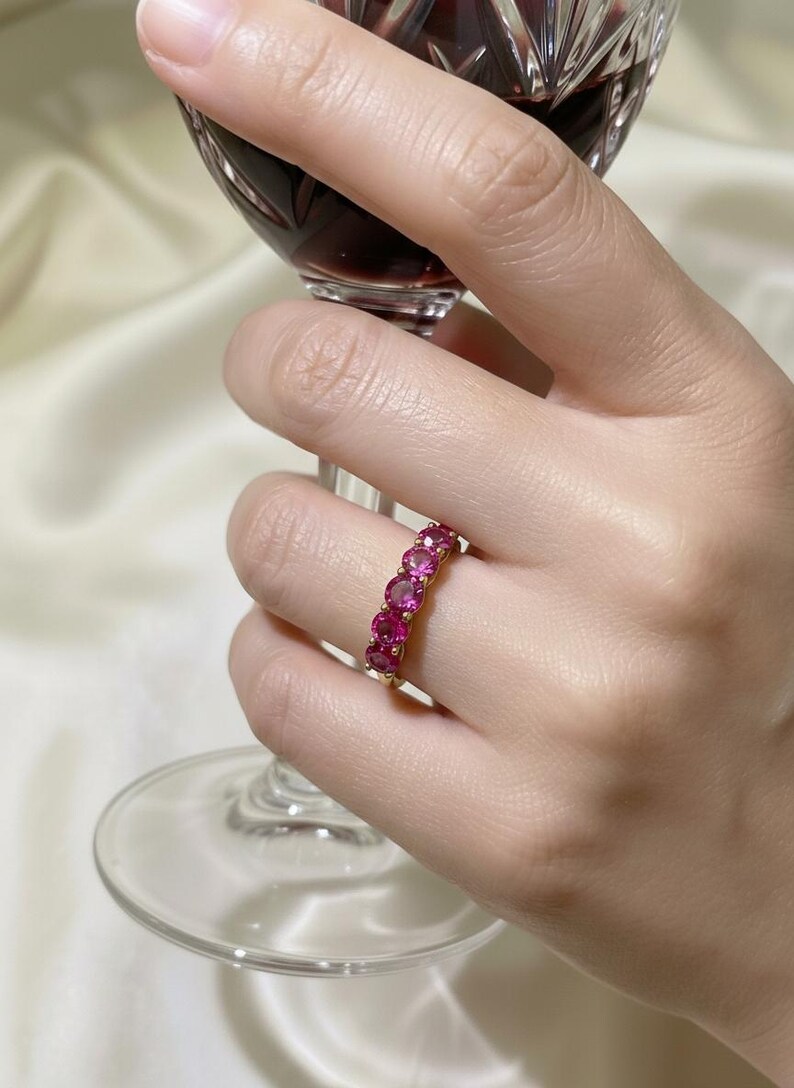 Pink Tourmaline Wedding Band 3.50ctw Round Cut 7 Stone Anniversary Ring Pink Gemstone Eternity Band October Birthstone image 14