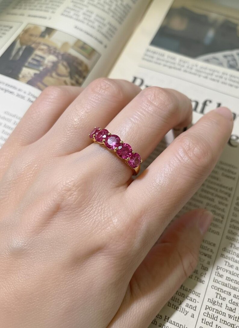 Pink Tourmaline Wedding Band 3.50ctw Round Cut 7 Stone Anniversary Ring Pink Gemstone Eternity Band October Birthstone image 10