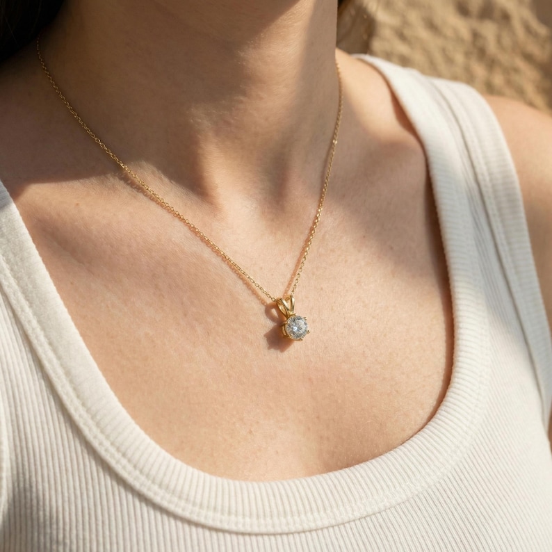 Dainty Gold Moissanite Solitaire Necklace | Brilliant Round Moissanite Pendant | Elegant Everyday Jewelry | Anniversary Gift for Her image 11