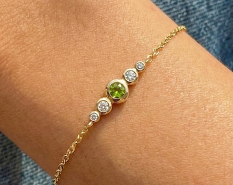 Natural Peridot Bezel Bracelet, August Birthstone Jewelry, 14K Gold or Sterling Silver, Personalized Bridesmaid Gift
