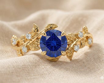 14K Gold Sapphire Engagement Ring, Vintage Art Deco Leaf Cluster Ring, September Birthstone Botanical Anniversary Gift for Her