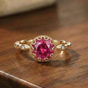 May include: A gold ring with a large, round, bright pink gemstone. The gemstone is set in a decorative, scalloped bezel. The band has a textured design with small accent stones on either side of the main stone. The ring is displayed on a wooden surface.