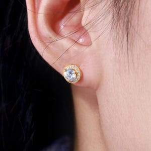 Puces d'oreilles halo de diamants, Boucles d'oreilles en argent sterling avec diamants ronds, Boucle d'oreille de tous les jours, Cadeau de demoiselle d'honneur, Boucles d'oreilles classiques