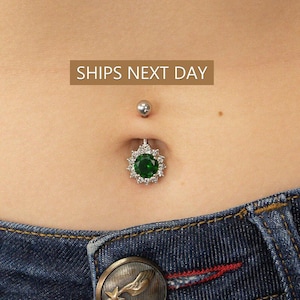 Emerald Belly Button Ring, Body Jewelry, May Birthstones Gift, Navel Body Piercing Jewelry, Curved Barbell Belly Ring