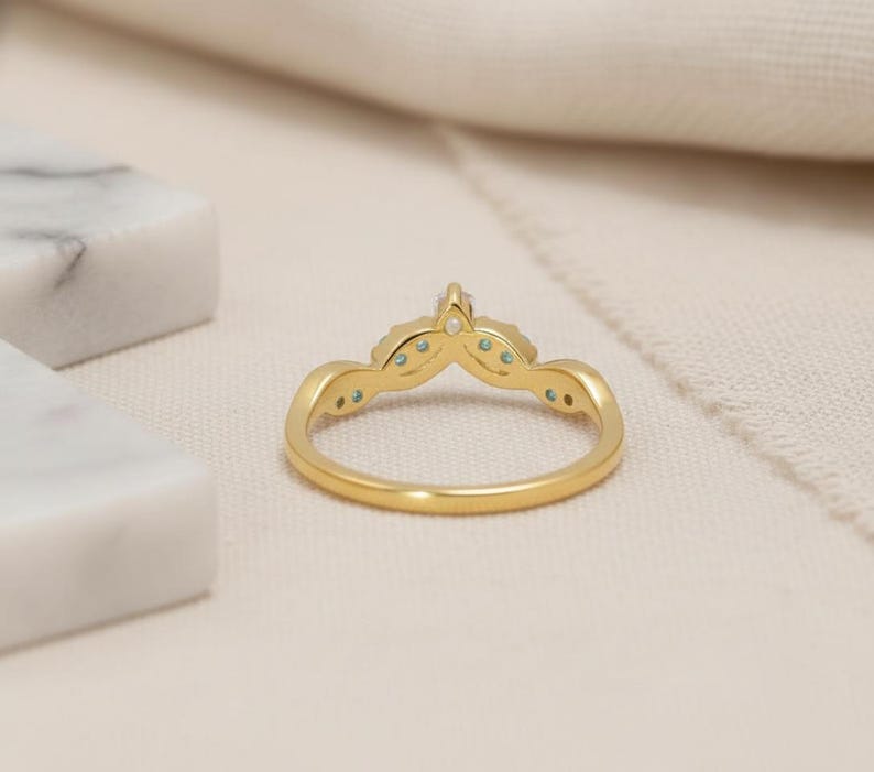 Aquamarine Wedding Band Curved V Shape Ring Light Blue Gemstone Stacking Ring Sterling Silver Vine Twist Chevron March Birthstone Jewelry image 6