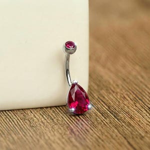 Elegant Red Teardrop Belly Button Ring | Dangle Navel Piercing Jewelry | Surgical Steel Body Jewelry with Ruby Red Gemstone