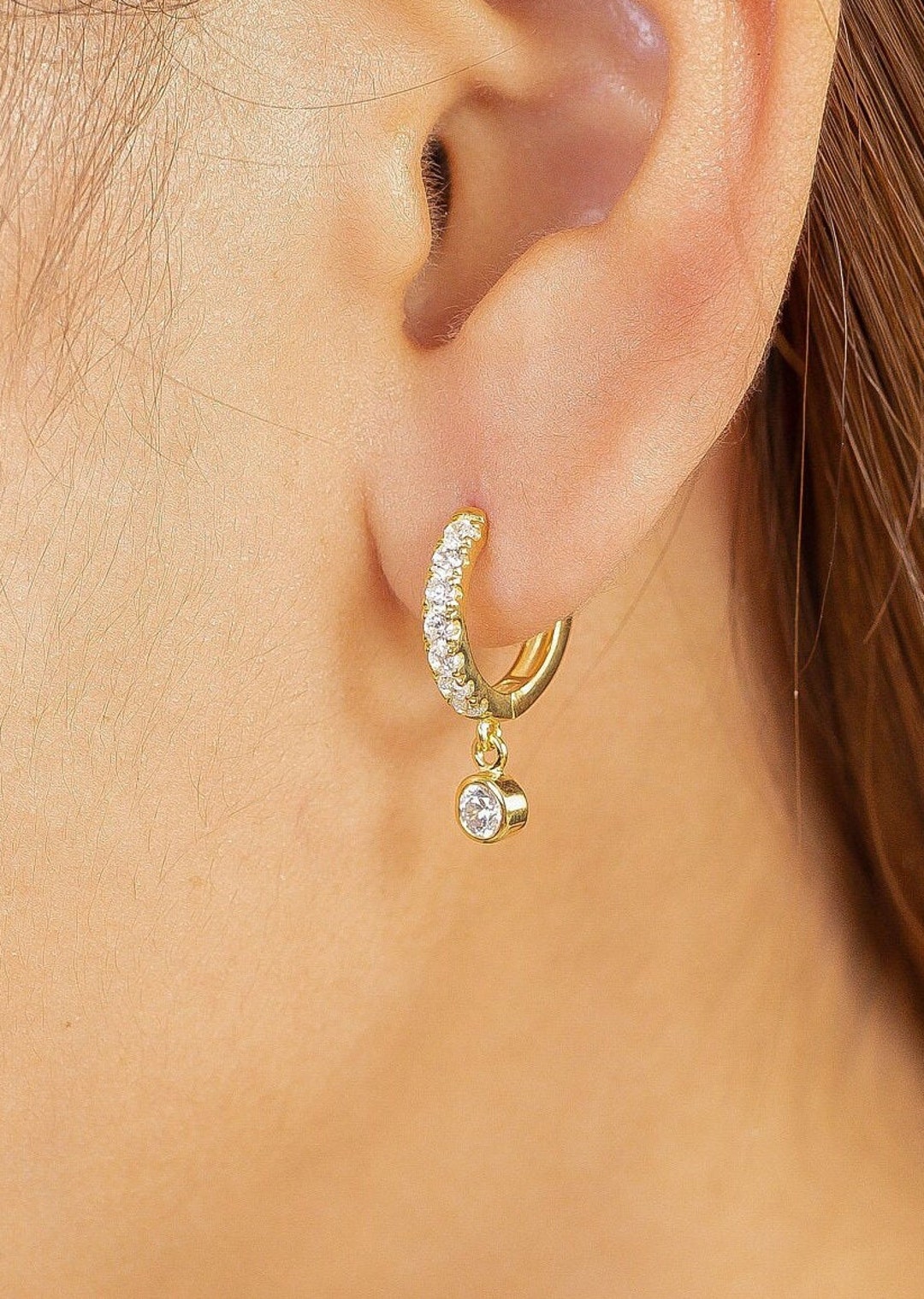 Dangle Drop Hoop Earrings, Diamond Hoop Earrings, Huggie Earrings Gift