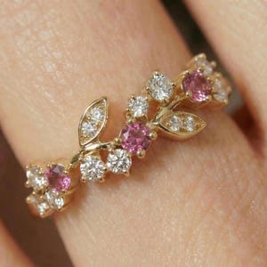 Round Pink Tourmaline Leaf Wedding Band, Nature Inspired Floral Cluster Ring for Her – October Birthstone Gift – 14K Gold Moissanite Jewelry image 10