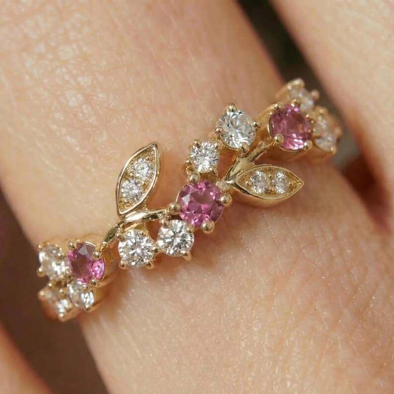 Round Pink Tourmaline Leaf Wedding Band, Nature Inspired Floral Cluster Ring for Her – October Birthstone Gift – 14K Gold Moissanite Jewelry image 10