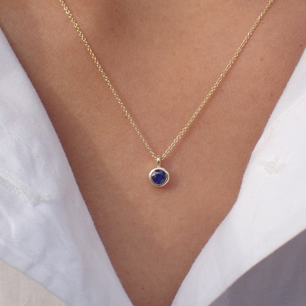 Bezel Set Blue Sapphire Necklace, 14k Solid Gold Solitaire Necklace, September Birthstone Gift, Bridesmaid Necklace, Anniversary Gift