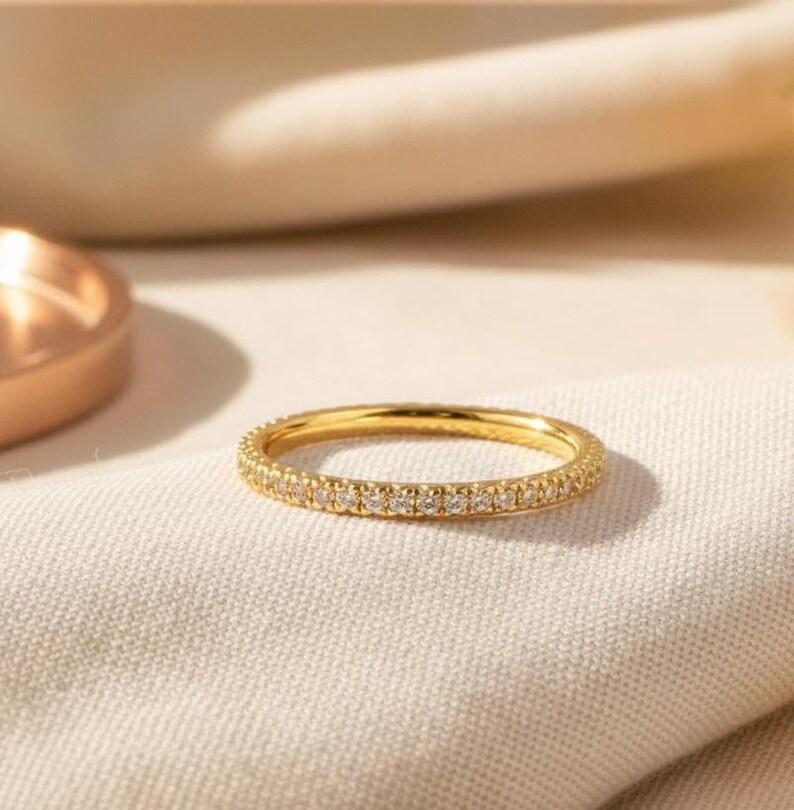 Fishtail Diamond Wedding Band / Full Eternity Band in 14k Solid Gold / Thin Dainty Stackable Band image 3