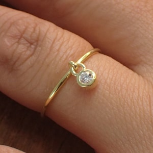 0.06ctw Round Cut Diamond Dangle Ring / 14k Yellow Gold Thin Ring / Stacking Diamond Ring / Lovely Gifts for Anyone