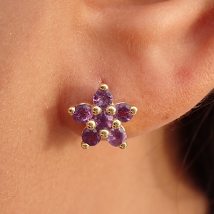 14k Flower Earring Stud Post Purple Amethyst - Gift for Ladies - Gift Under 100 - Earring Gifts – February Birthstone -Earring Gifts for Her