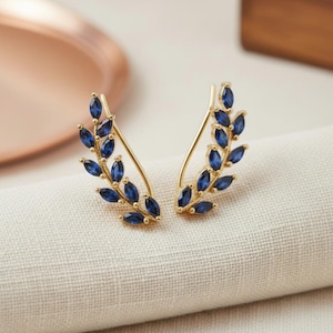 Blue Sapphire Earring Climber / September Birthstone Gift / Marquise Ear Crawlers Earrings / Ear Climber Earrings / Bridesmaid Gift Yellow