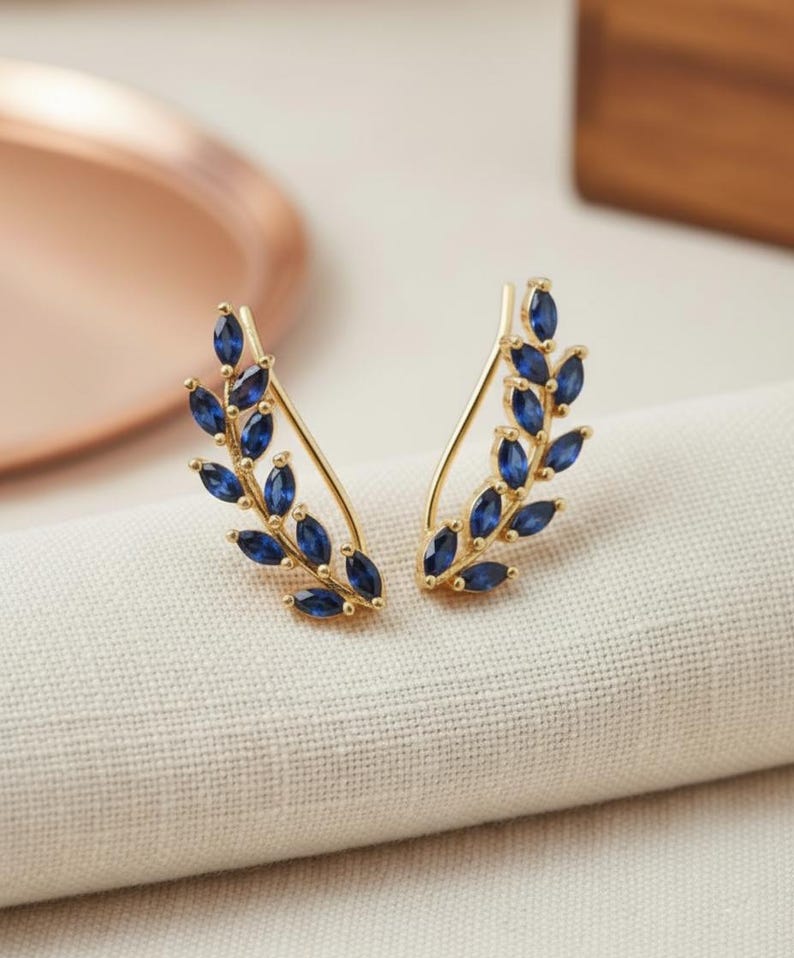 Blue Sapphire Earring Climber / September Birthstone Gift / Marquise Ear Crawlers Earrings / Ear Climber Earrings / Bridesmaid Gift Yellow