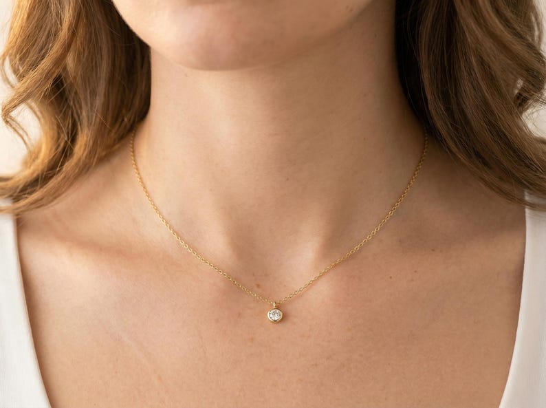 Solitaire Diamond Necklace in 14k Gold / Dainty Diamond Necklace / Bezel Diamond Necklace / Everyday Necklace image 5