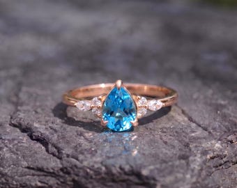 Blue Zircon Engagement Ring Gold, Pear Cut Zircon Ring, Marquise Accent Ring, December Birthstone Ring