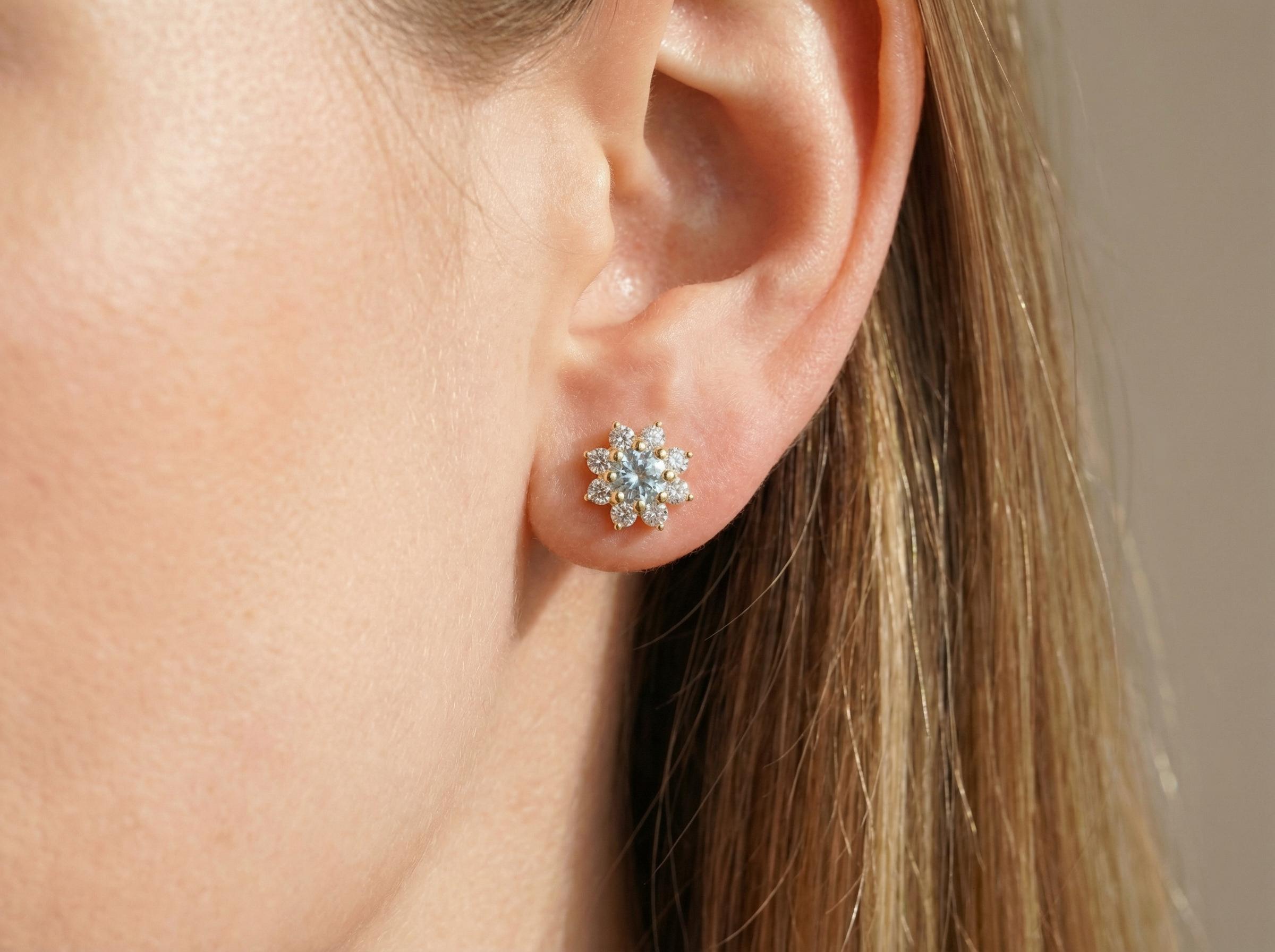 Boucles D'oreilles Rondes En Argent 925 - Serties D'aigue-marine Naturelle 1,5 Carat - Finition Platine - Neuf Avec étiquettes