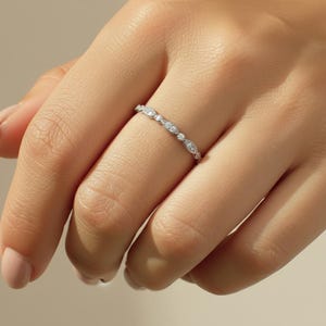Aliança Art Déco em platina com formato marquise, anel eterno completo, aliança de diamante exclusiva em platina Art Déco, aliança de noiva em platina