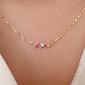 Pink Sapphire with Sapphire Cluster Necklace - Mother Day Gift - Gift for Mom - Necklace for Mom -Sapphire Necklace 14k Gold