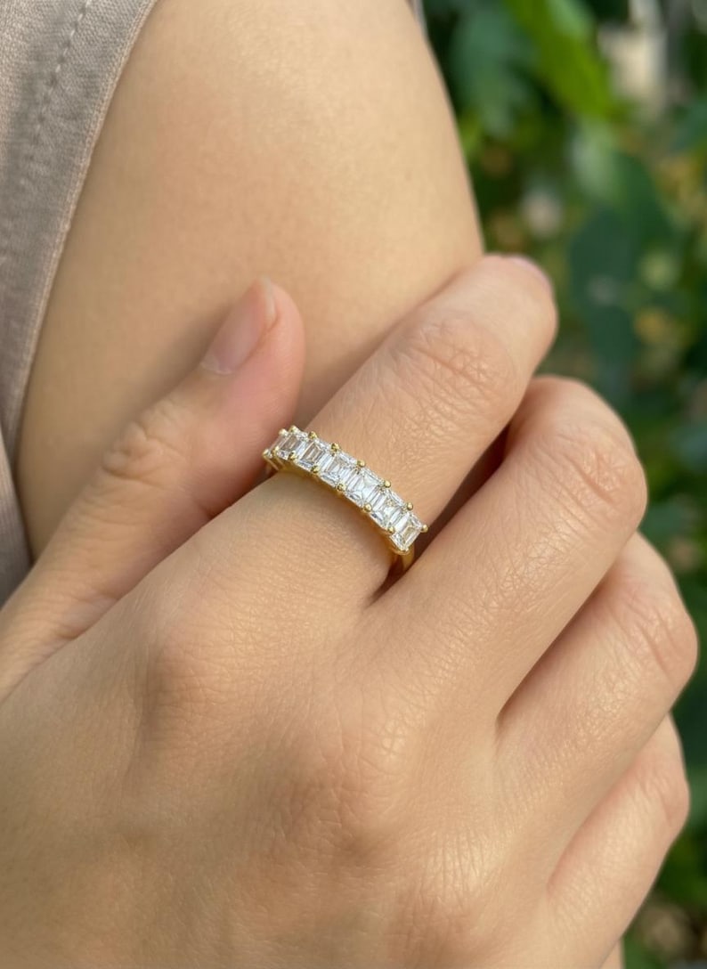 Anniversary Gift Princess Cut Moissanite Wedding Band, 1.05 CTW 7 Stone Ring, 3mm Square Stone Half Eternity Ring image 8