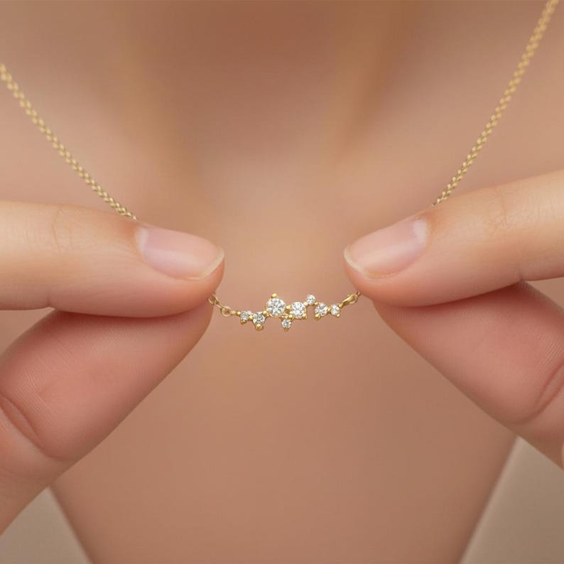 Cluster Sapphire Necklace Gift for Her, 14Solid Gold Cluster Necklace, Rope Chain Gold Necklace Gift for Her image 1