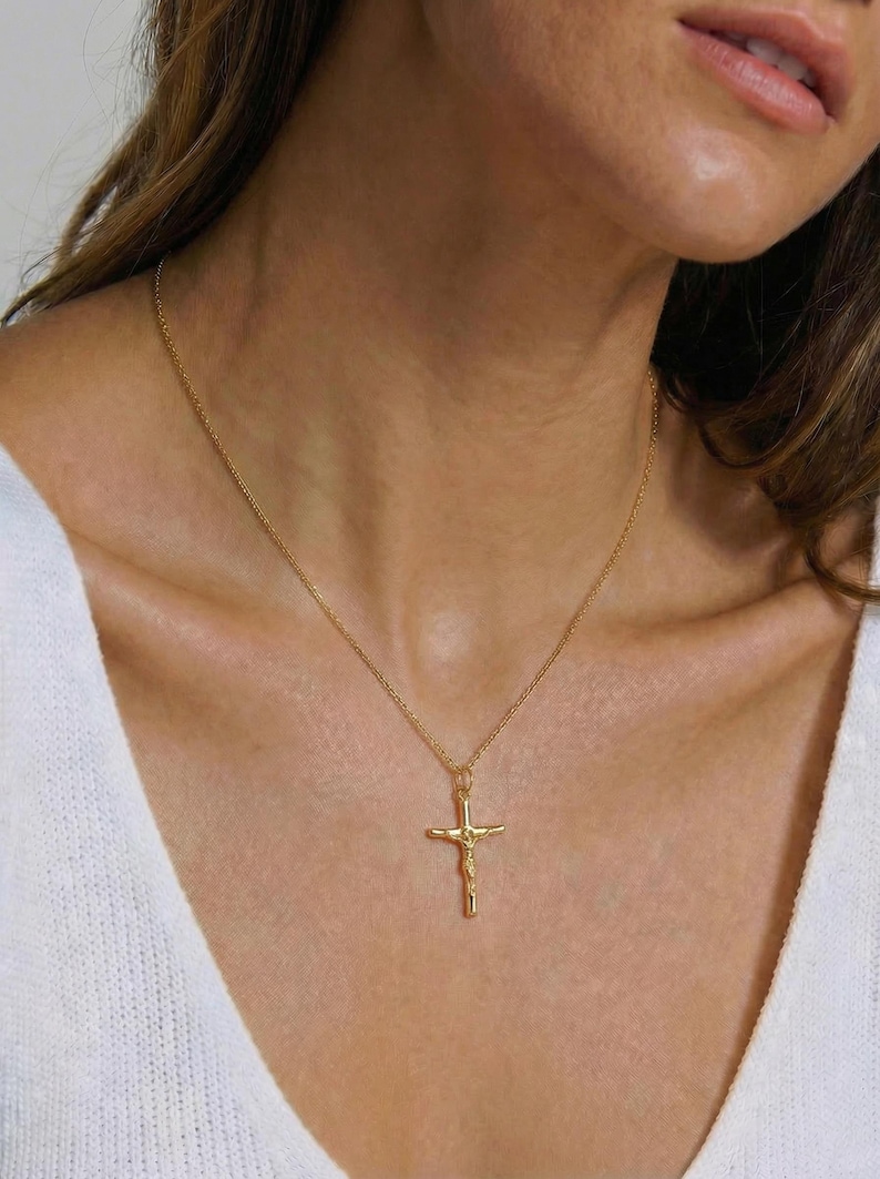 Crucifix Cross Necklace, Crucifix Pendant Necklace, Minimalist Cross Jewelry for Women, Religious Necklace, Christmas Jewelry Gift image 1