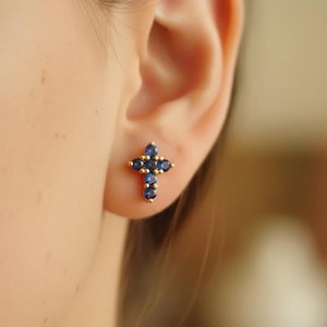 Birthstone Cross Stud Earrings, Religious Gift for Women, Custom Birthstone Cross Earrings, Minimalist Cross Studs, Christian Gift