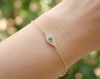 Blue Topaz Evil Eye Bracelet, December Birthstone Jewelry, 14K Gold Protection Bracelet, Self Love Gift for Her