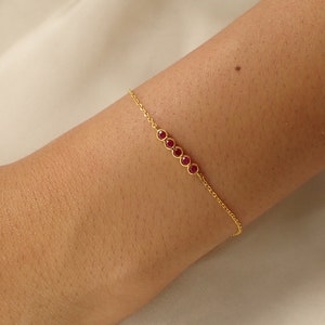 5 Stones Ruby Bracelet / 14K Solid Gold Thin Chain Bracelet / 2 MM Bezel Set Bracelet / September Birthstones Bracelet