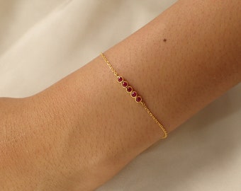 5 Stones Ruby Bracelet / 14K Solid Gold Thin Chain Bracelet / 2 MM Bezel Set Bracelet / September Birthstones Bracelet / Mother's Day Gift