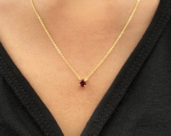 Garnet Necklace, 14k Solid Gold Prong Set Necklace, January Birthstone Gift, Bridesmaid Necklace, Anniversary Gift