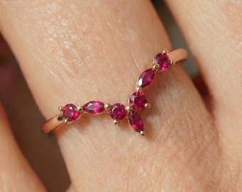 Dainty Ruby Curved Wedding Band, 14K Gold Stacking Ring, Marquise & Round Ruby Anniversary Ring, July Birthstone Gift for Her