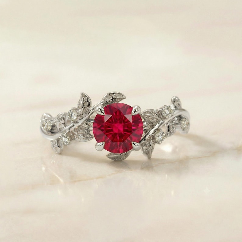 Round Ruby Nature Inspired Engagement Ring, 18K Gold Leaf Branch Ring, July Birthstone Ring, Romantic Bridal Promise Ring image 4