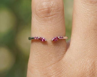 Delicate Pink Tourmaline Open Ring Sterling Silver Bypass Ring Marquise & Round Gemstone Stacking Ring Minimalist Gift for Her, Promise Ring