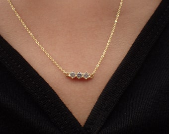 14K Yellow Gold Three Stones Sapphire Necklace/ September Birthstones Gift / Natural Gemstone 3mm / Prong Set Necklace