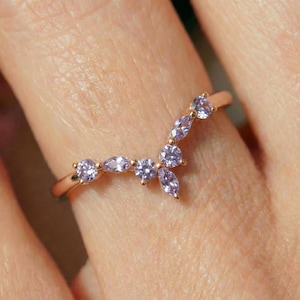 Delicate Lavender Amethyst Curved Wedding Band | Gold V Stacking Ring | Marquise & Round Gemstone Anniversary Promise Ring | Dainty Bri