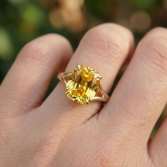Cushion Cut Yellow Sapphire Engagement Ring, Modern Split Shank
