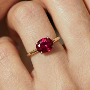 2.0 CT East West Oval Cut Ruby Birthstone Ring for Mom , Yellow Gold Vermeil Two Tone Ring, Dainty Travel Engagement Ring