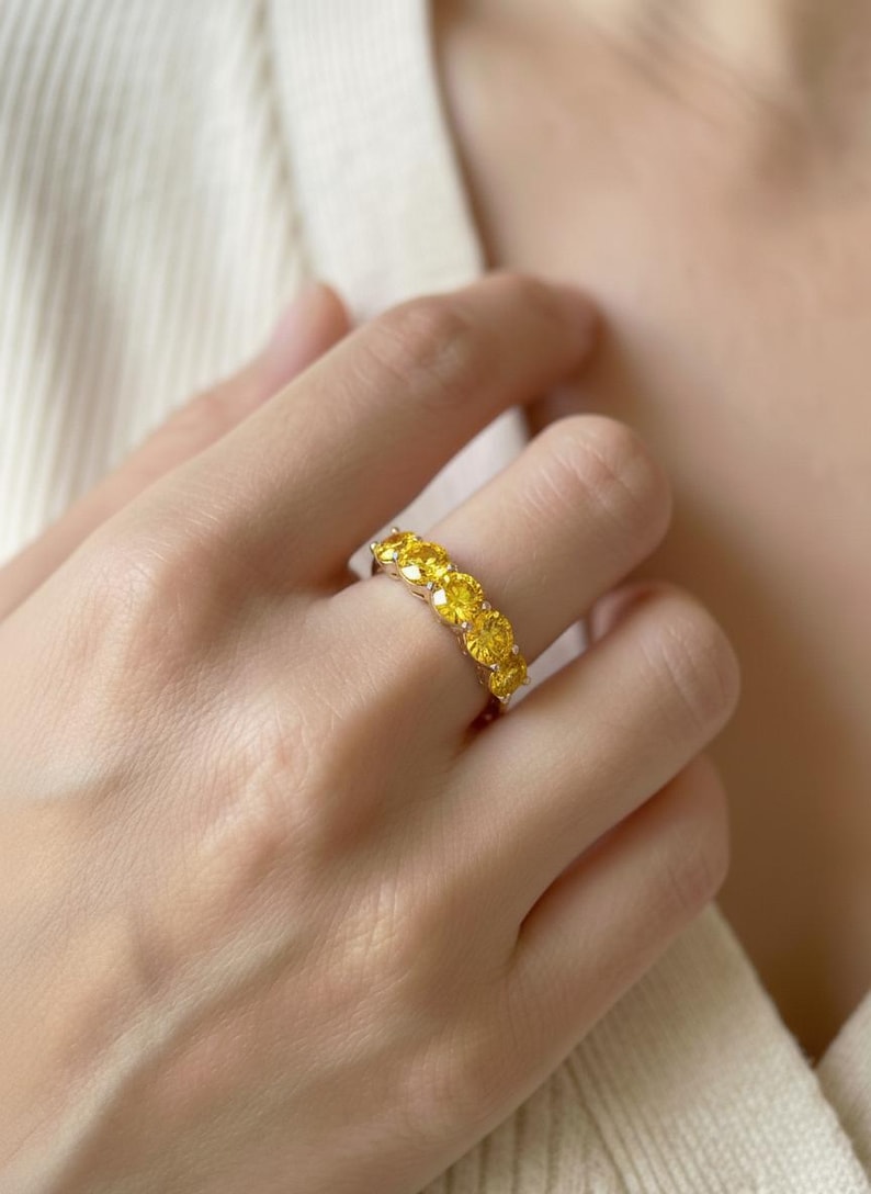 Yellow Sapphire Wedding Band 3.50ctw 7 Stone Anniversary Ring Yellow Gemstone Eternity Band September Birthstone image 4