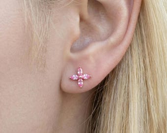 Marquise Cut Pink Sapphire Stud Earrings, Four Stone Flower Earrings, September Birthstone Gifts, Floral Studs, Gift For Her