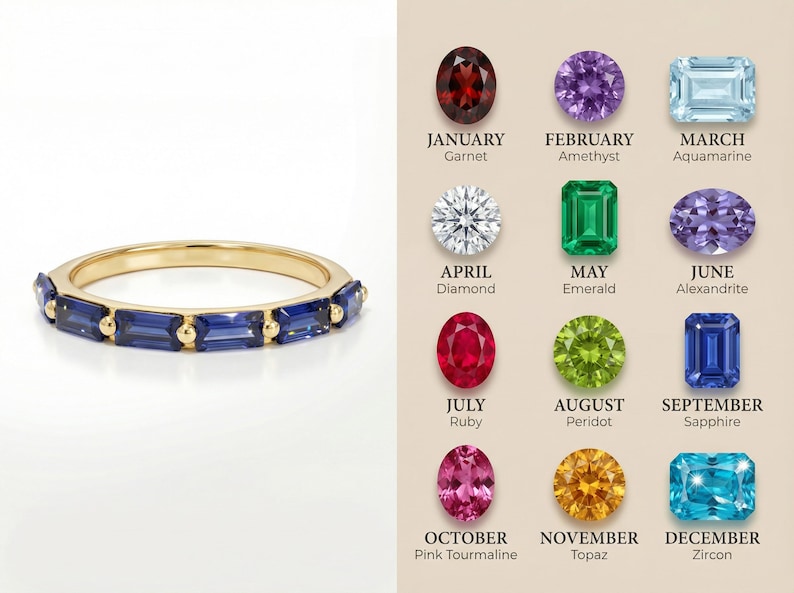 Baguette Blue Sapphire Wedding Ring, September Birthstone Ring, Half Eternity Sapphire Ring, Promise Ring, Vintage Wedding Band image 18