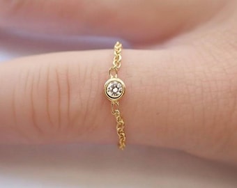14k Gold Chain Ring, Bezel Set Diamond Gold Chain Ring, Delicate Chain Ring, Lovely Gifts for Her