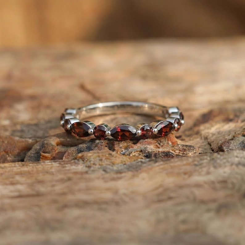 Dainty Garnet Eternity Ring | 14K Gold Stacking Band | January Birthstone Marquise & Round Red Gemstone Delicate Wedding Anniversary Gift image 9